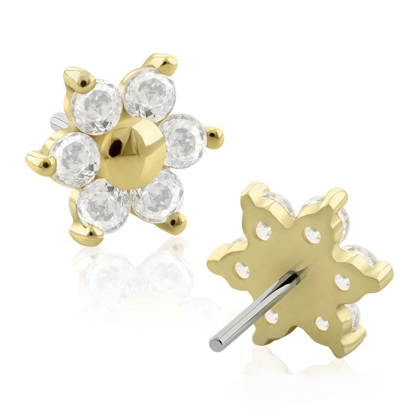 Flor Circonitas Prendedor Push Oro Sólido 14k