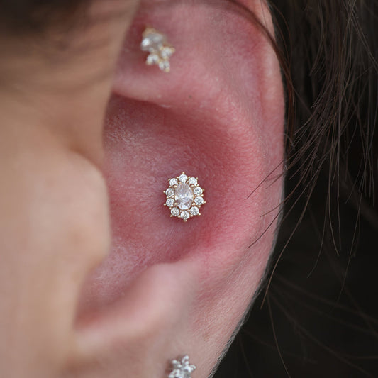 Oval Halo- Threadless End solid gold 14K ember