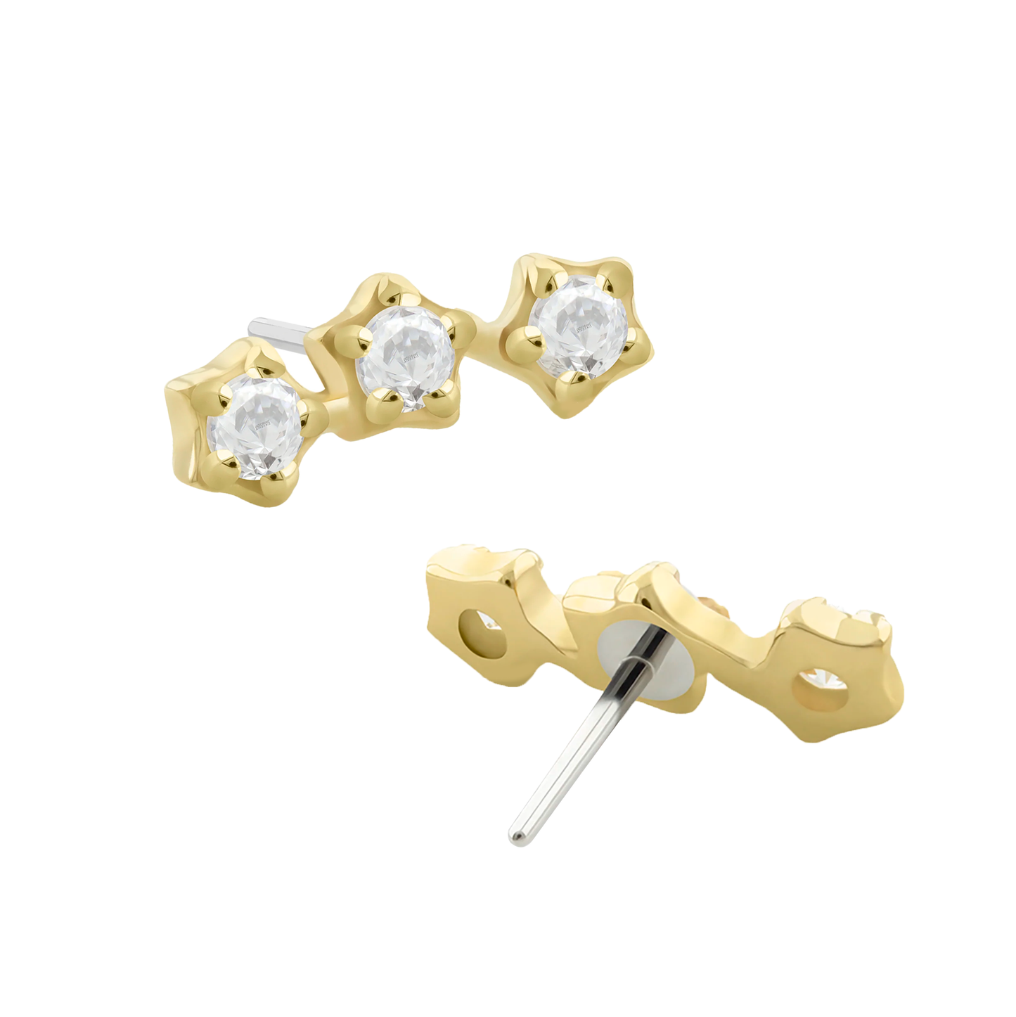 Star 3-Cluster Zirconia Pin Push 14k Solid Gold